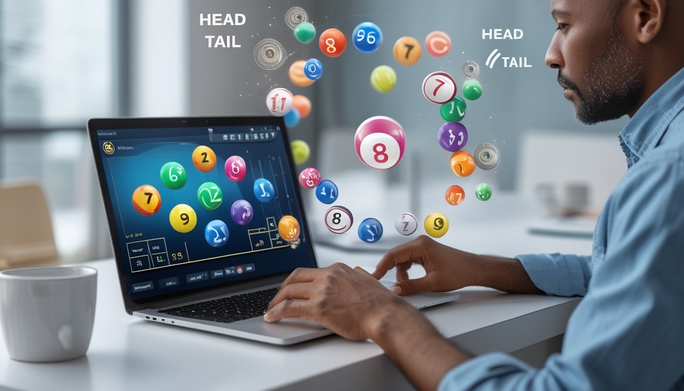 Seorang pemain dewasa fokus menggunakan laptop dengan bola lotre bernomor di meja, menggambarkan permainan togel online.