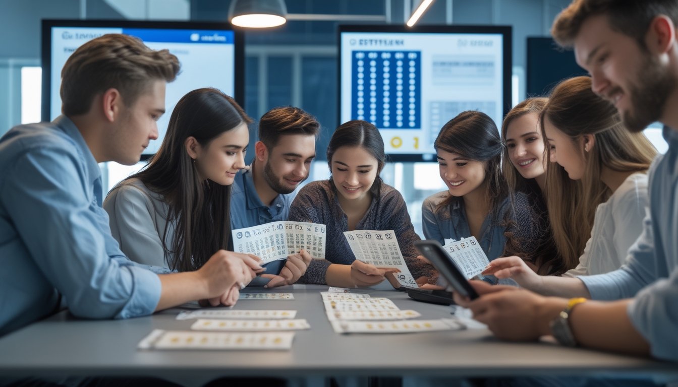 Sekelompok orang muda sedang berkumpul di meja dengan tiket togel dan perangkat digital, tampak fokus dan antusias dalam aktivitas taruhan angka ganjil dan genap.