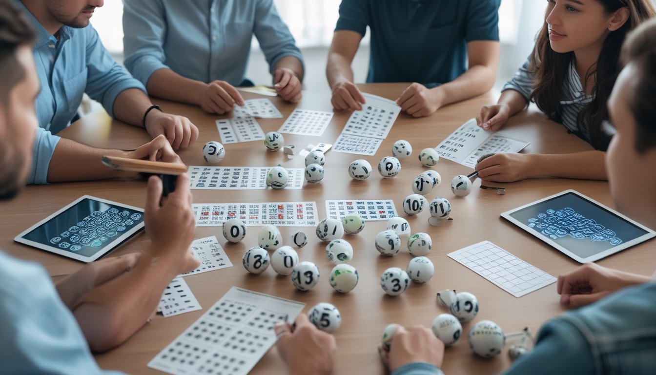 Sekelompok orang muda sedang menganalisis tiket togel dan pola angka ganjil dan genap di atas meja.