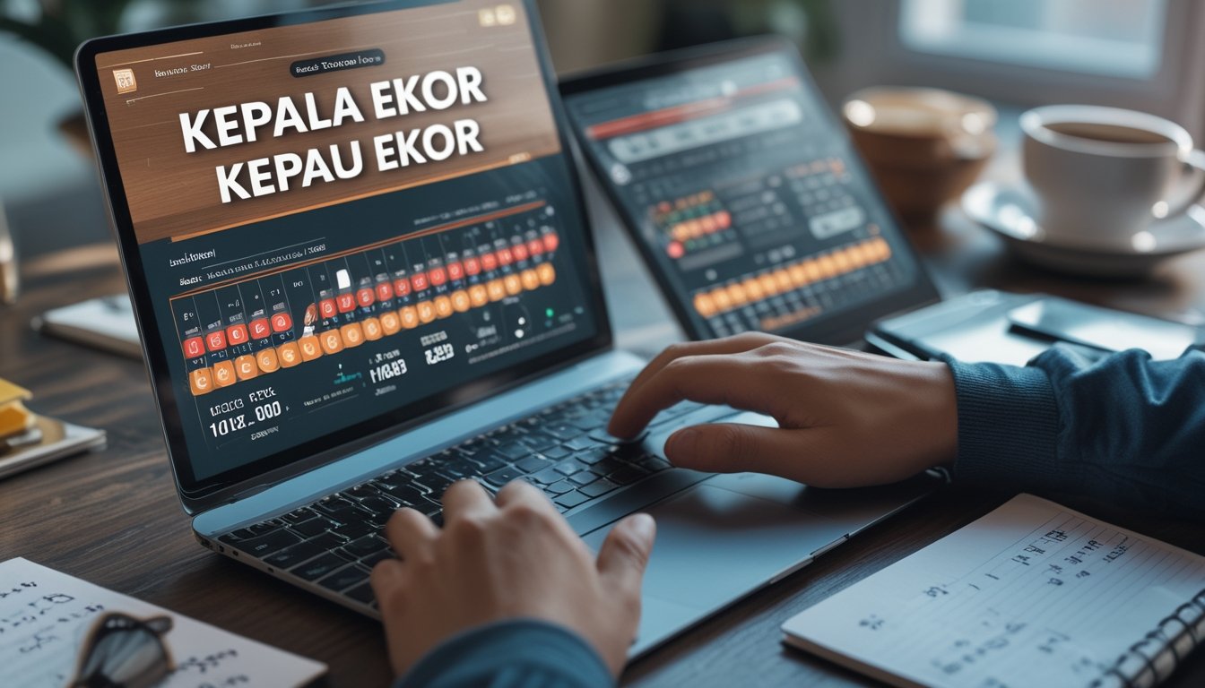 Seorang pengguna sedang menggunakan laptop dan perangkat digital lain untuk memasang taruhan togel kepala ekor secara online di sebuah meja kerja modern.