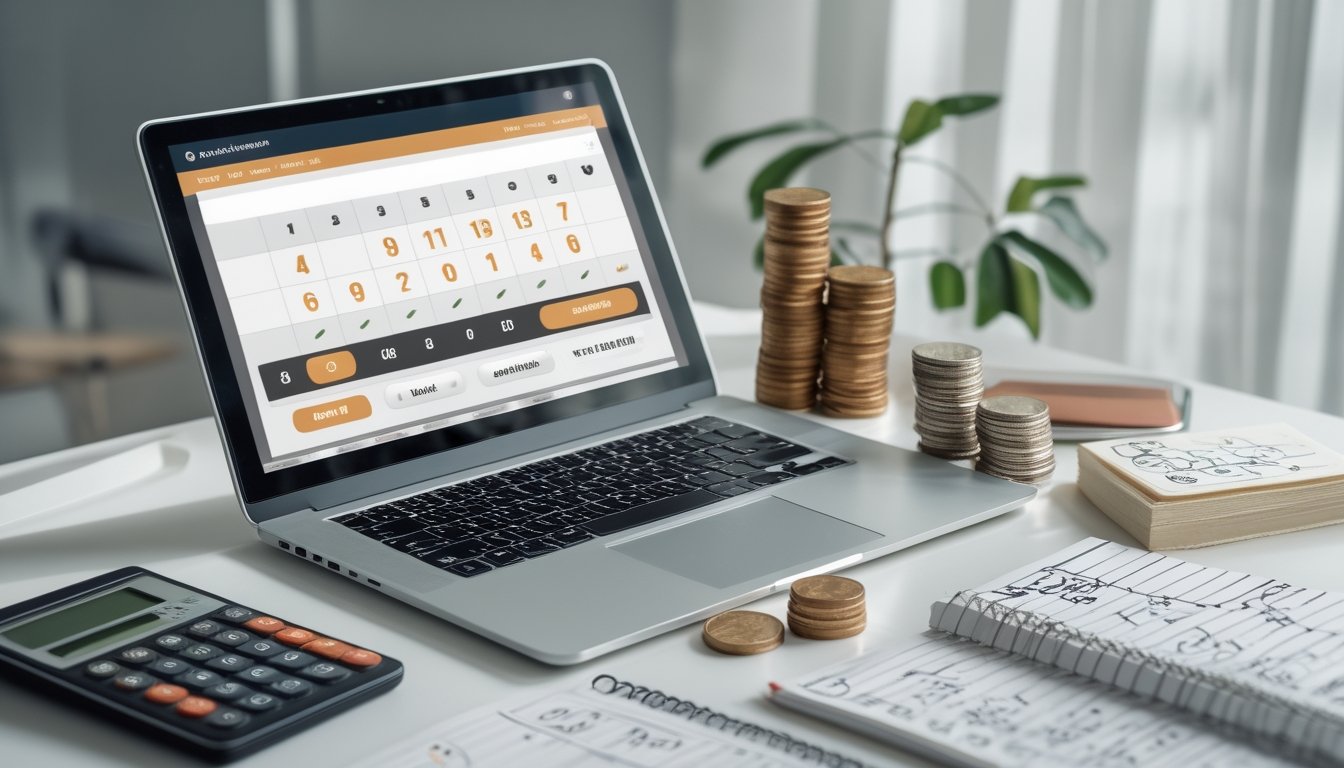 Sebuah meja kerja modern dengan laptop yang menampilkan antarmuka togel online, tumpukan koin, kalkulator, dan buku catatan di sekitarnya.