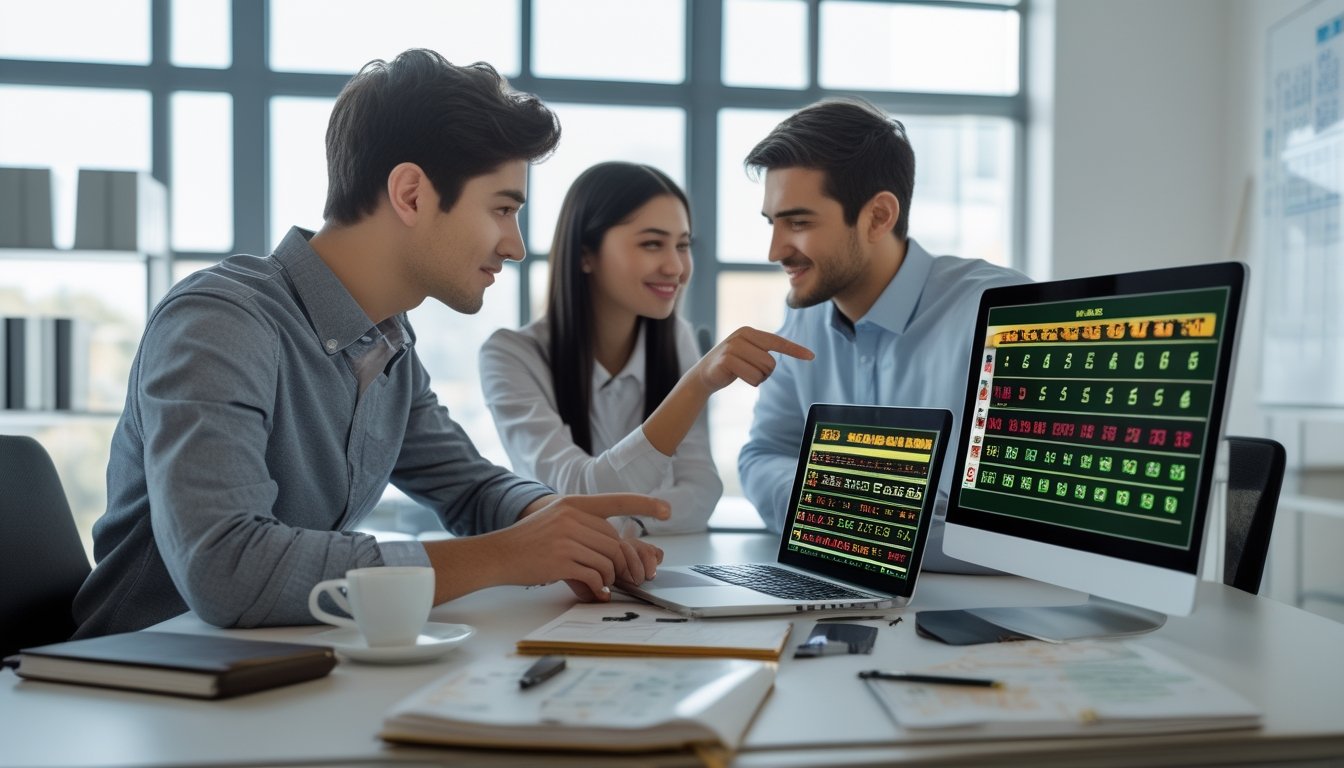 Dua orang muda sedang berdiskusi di meja kerja dengan laptop dan tablet yang menampilkan grafik dan angka terkait permainan togel.
