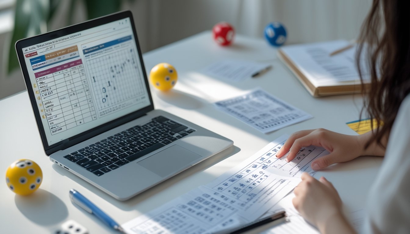 Seseorang sedang menganalisis tiket togel dan grafik angka di meja kerja yang rapi.