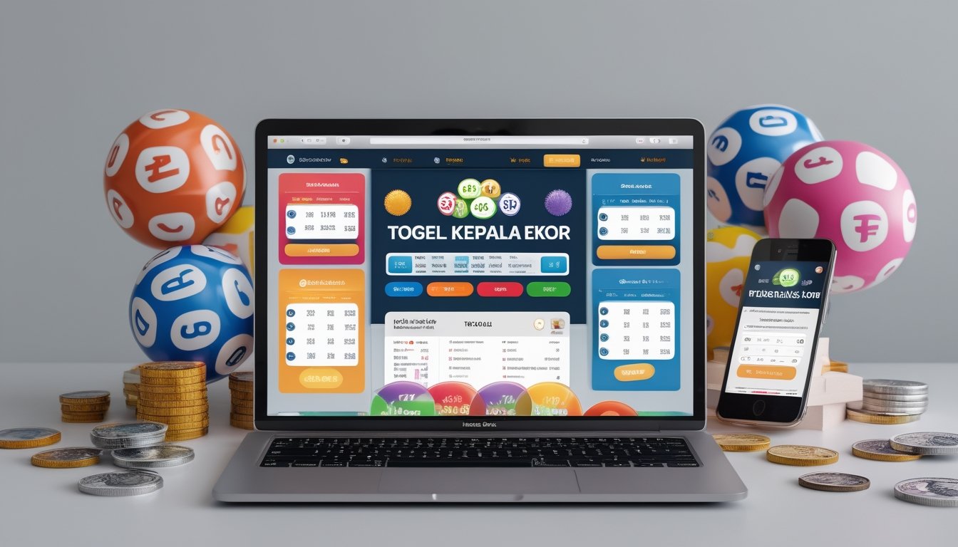 Seorang pengguna sedang melihat situs togel online di laptop dengan bola togel dan koin di sekitar meja kerja.