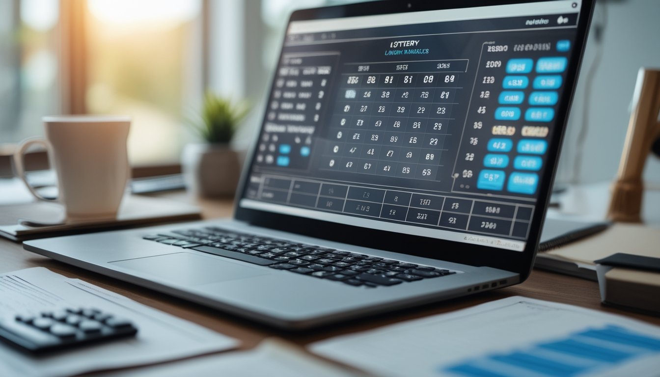 Meja kerja dengan laptop yang menampilkan data angka dan grafik terkait analisis togel, dikelilingi dokumen, kalkulator, dan cangkir kopi.