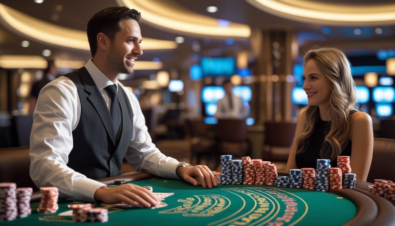 Suasana meja blackjack di kasino dengan dua pemain, satu pemula dan satu profesional, sedang bermain di Vegas Strip.