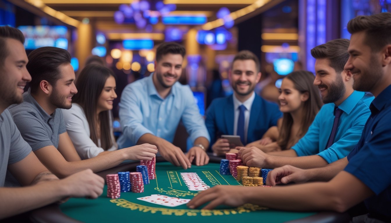 Meja blackjack di kasino Vegas Strip dengan pemain pemula dan profesional sedang bermain bersama dan dealer membagikan kartu.
