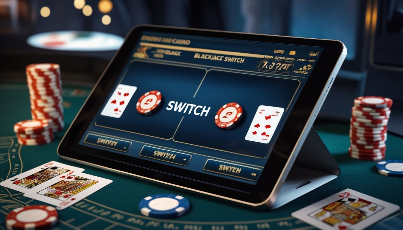 Sebuah meja blackjack digital dengan dua tangan kartu di layar komputer, dikelilingi chip poker dan kartu remi dalam suasana kasino modern.