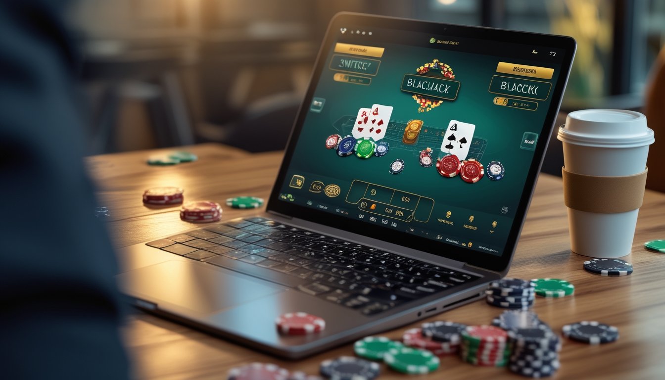 Sebuah meja dengan laptop yang menampilkan permainan Blackjack Switch online, dikelilingi oleh kartu remi dan chip kasino.
