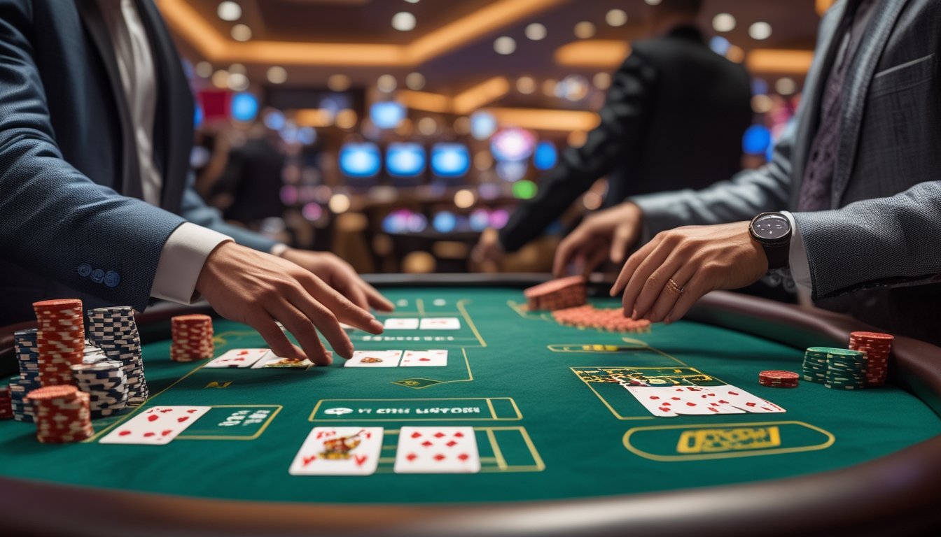 Suasana meja blackjack di kasino dengan dealer dan pemain yang menunjukkan dua variasi permainan blackjack yang berbeda.