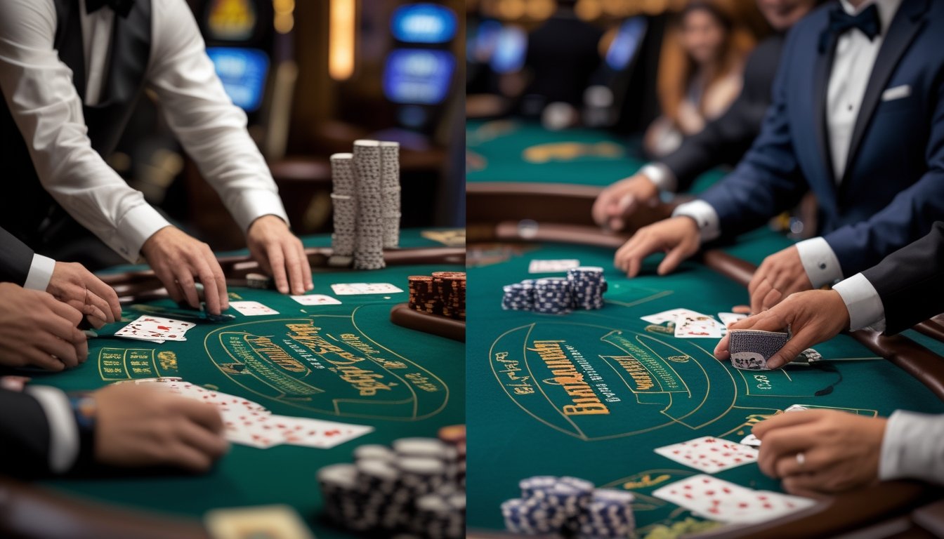 Meja blackjack di kasino yang terbagi menjadi dua bagian, satu untuk Vegas Strip Blackjack dan satu untuk Blackjack Switch dengan dealer dan pemain yang sedang bermain.