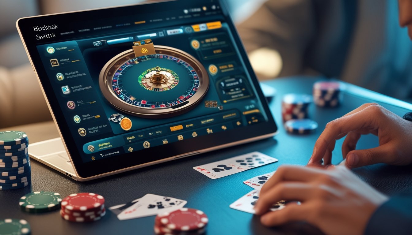 Seorang pemain sedang bermain blackjack switch online dengan laptop dan kartu serta chip poker di atas meja.