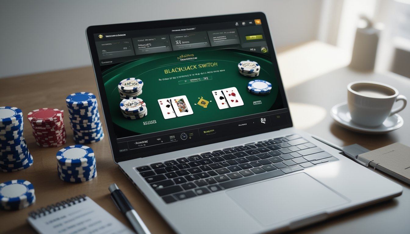 Seorang pemain sedang menggunakan laptop dengan permainan blackjack switch online di layar, dikelilingi oleh tumpukan chip poker, buku catatan, dan pena di atas meja.