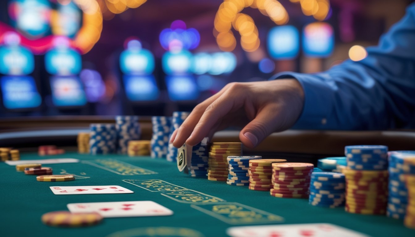 Meja blackjack dengan kartu dan chip kasino di latar belakang lampu neon yang terang di Las Vegas Strip.