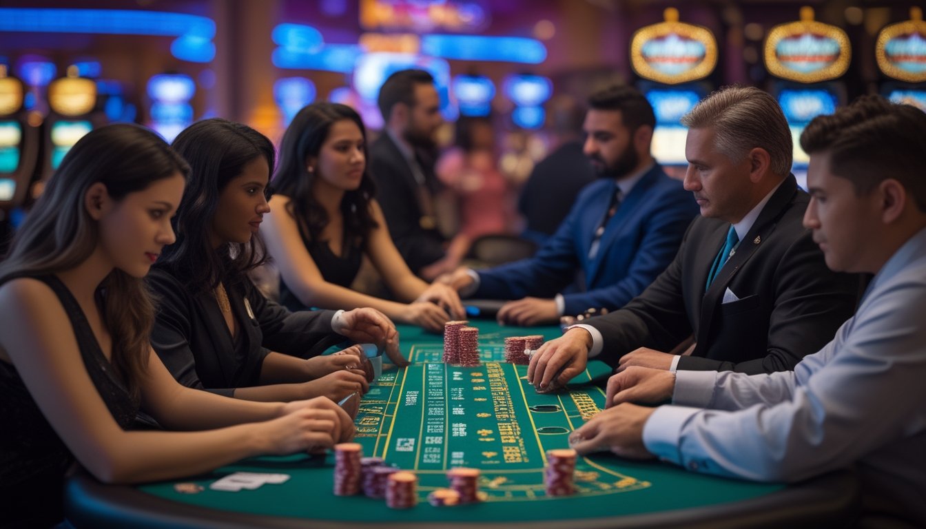 Meja Blackjack di kasino dengan pemain dan dealer sedang bermain, suasana ramai dengan lampu neon di latar belakang.