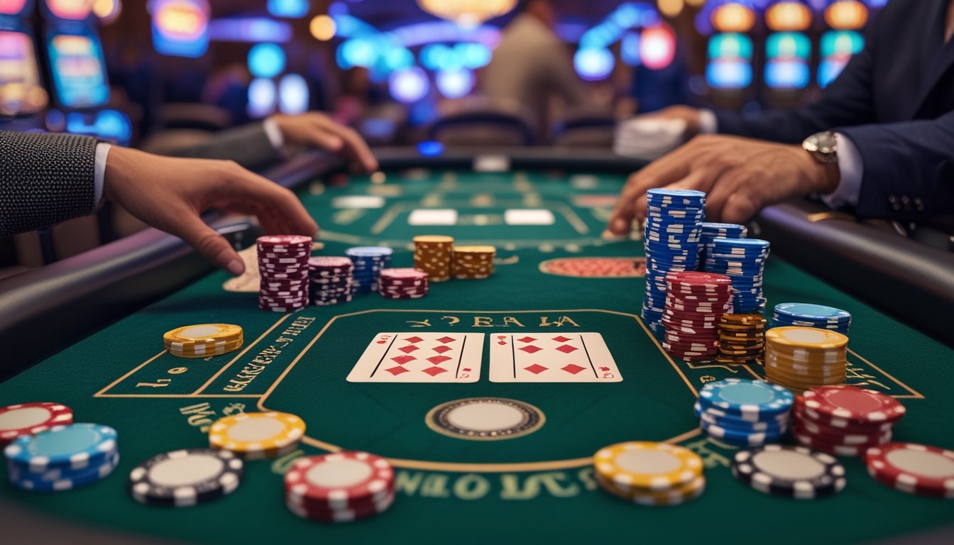 Meja blackjack di kasino dengan kartu dan chip poker, dikelilingi lampu terang dan suasana ramai kasino.