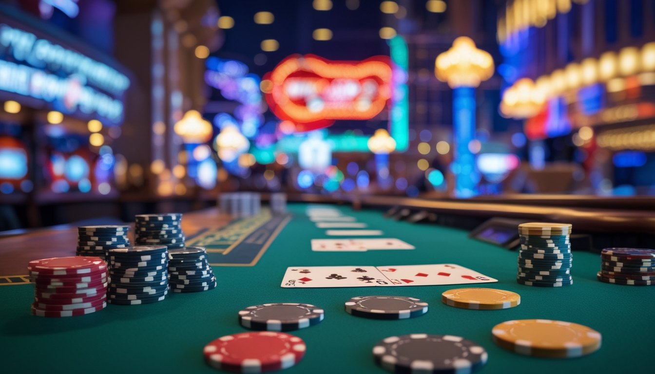 Meja blackjack di kasino dengan kartu dan chip poker berwarna-warni, latar belakang lampu neon dan pemandangan Vegas Strip malam hari.