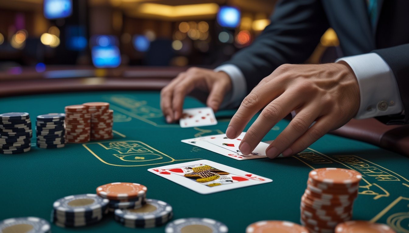 Meja kasino dengan permainan Blackjack Switch sedang berlangsung, menampilkan kartu dan tumpukan chip dengan tangan dealer yang sedang membagikan kartu.