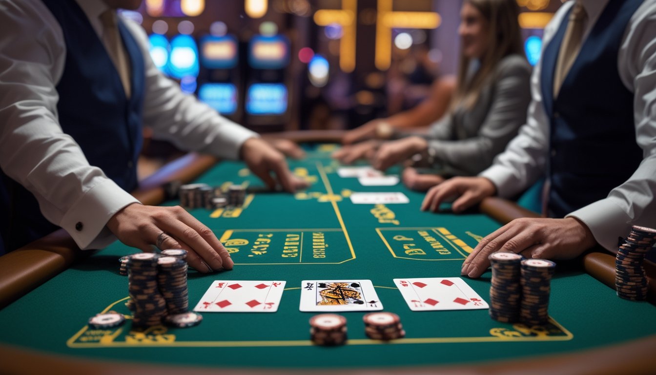 Meja kasino dengan dua tangan kartu Blackjack Switch yang sedang dimainkan dengan dealer dan tumpukan chip di atas meja.