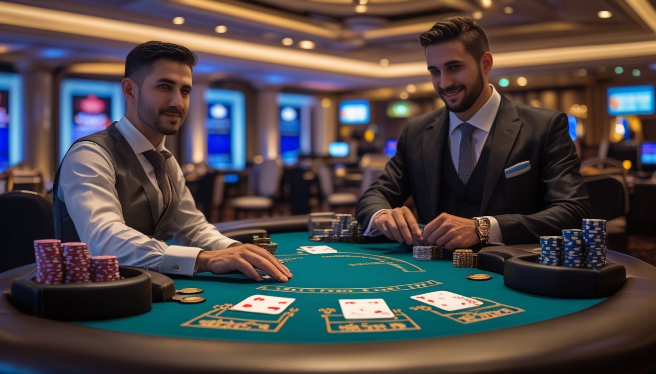 Seorang pemain dan dealer di meja kasino sedang bermain Blackjack Switch dengan kartu dan chip di atas meja.