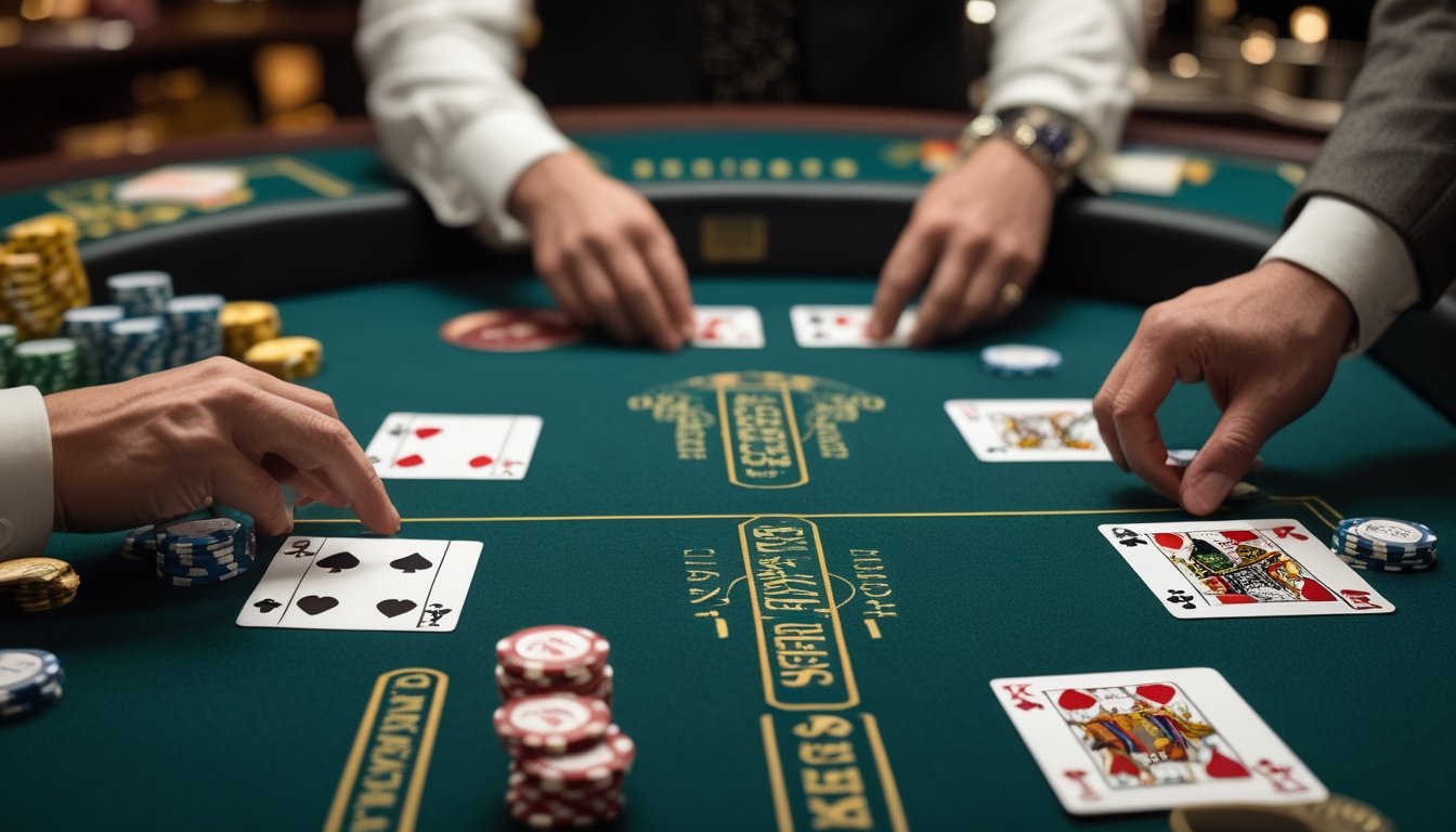 Meja blackjack dengan dua tangan kartu dan tumpukan chip, menunjukkan permainan Blackjack Switch sedang berlangsung.