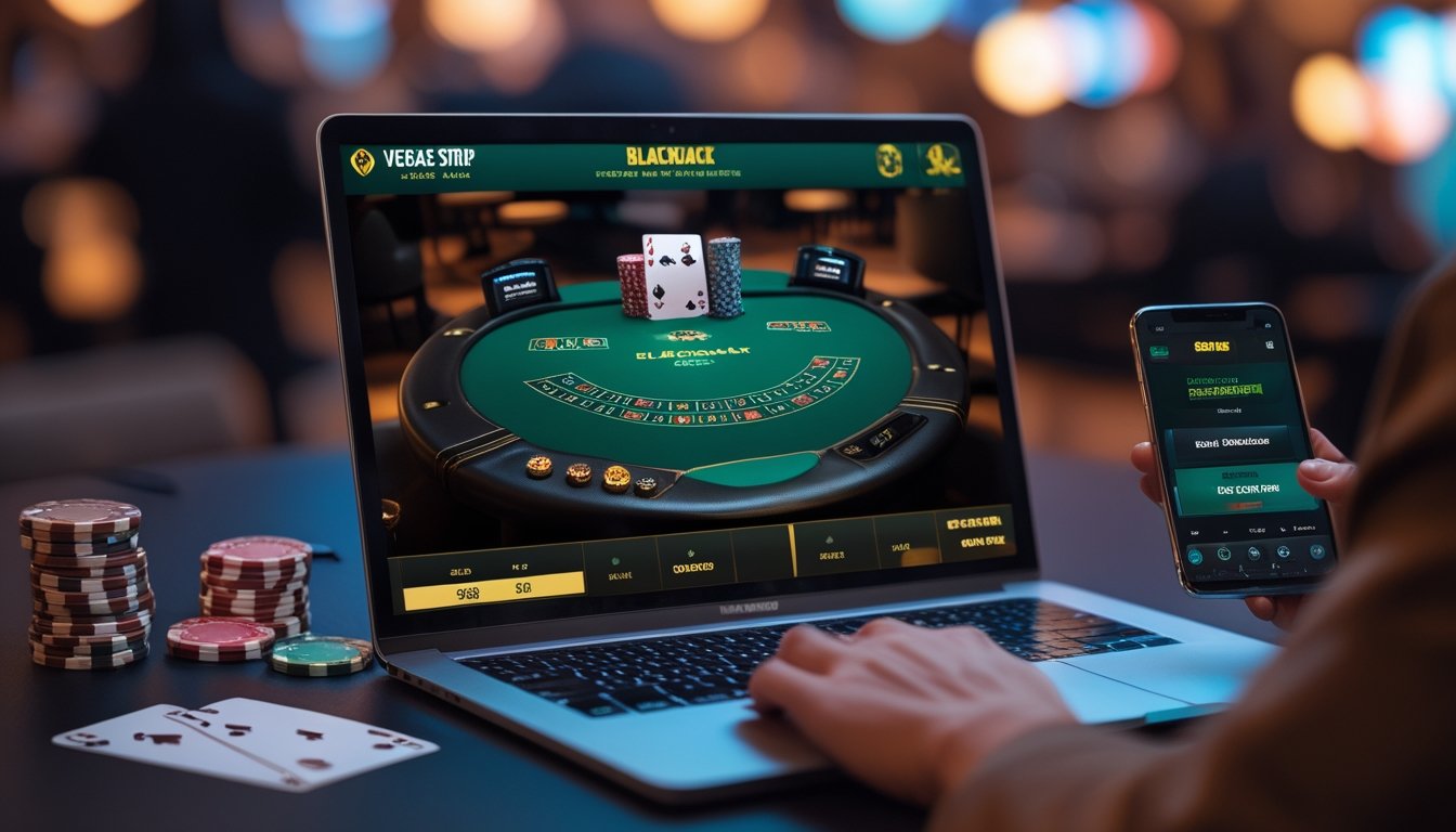 Pemandangan meja blackjack digital di layar laptop dengan chip poker dan kartu di sekitarnya, suasana kasino online yang hangat dan menarik.