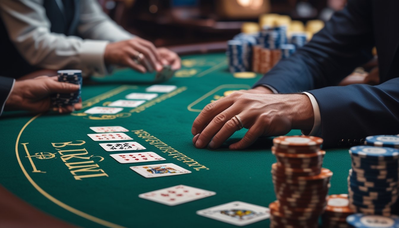 Meja blackjack Vegas Strip dengan kartu dan tumpukan chip poker di kasino yang terang dan elegan.