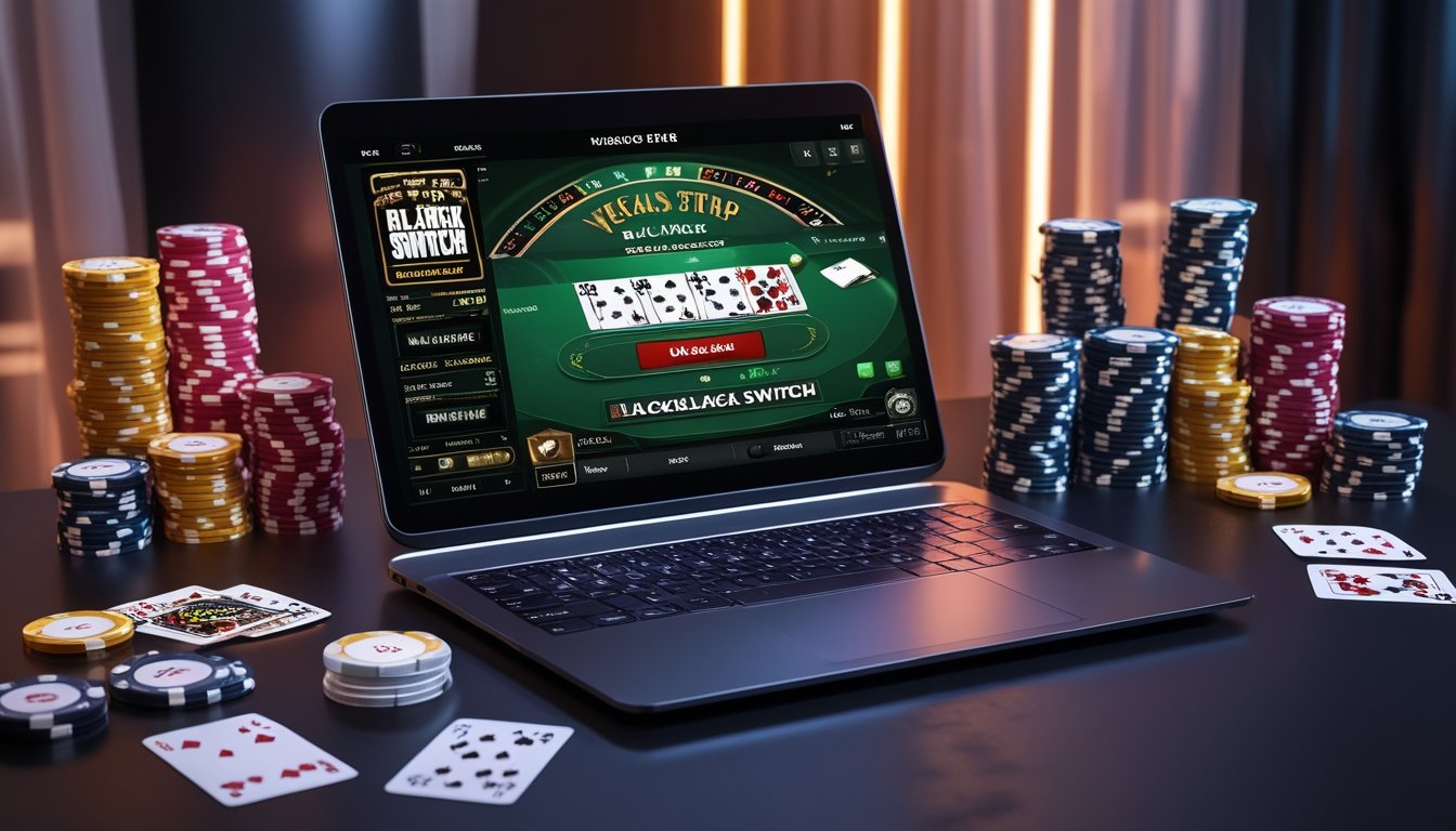 Sebuah laptop menampilkan permainan blackjack online dengan kartu dan chip poker di atas meja kayu gelap.