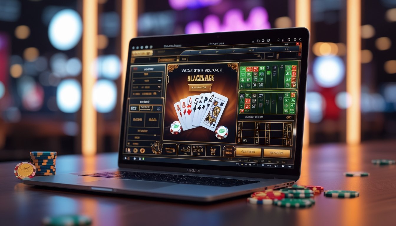 Seorang pemain sedang bermain blackjack online di laptop dengan kartu dan chip kasino di sekitarnya.