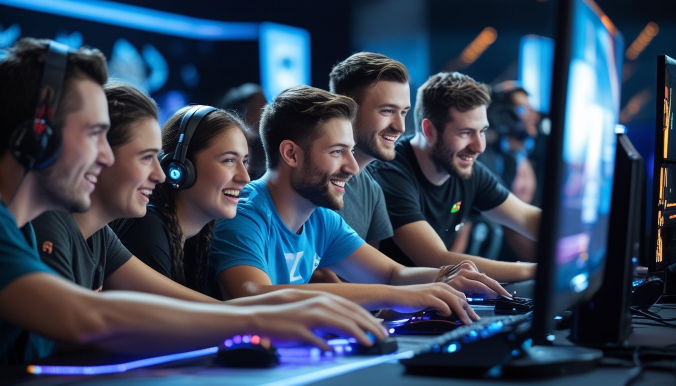 Sekelompok pemain yang antusias bermain bersama di depan perangkat game modern dengan lampu LED berwarna-warni.