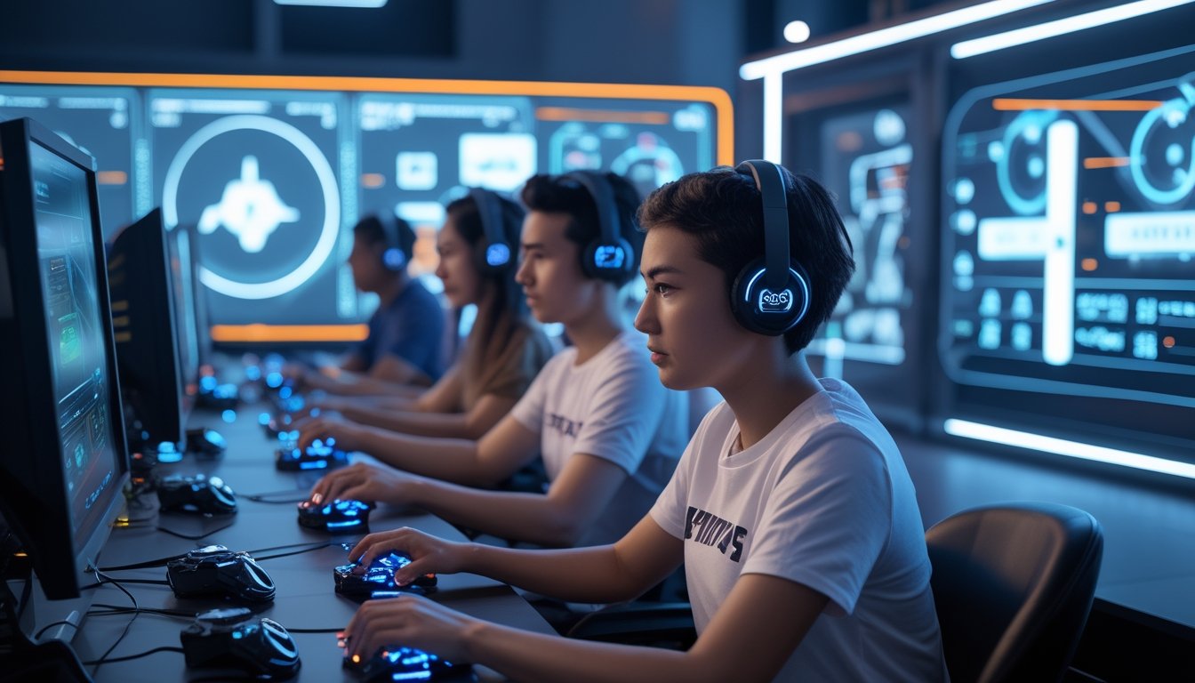 Sekelompok pemain yang fokus menggunakan peralatan permainan canggih di ruangan modern dengan layar dan tampilan digital yang menunjukkan suasana bermain yang menguntungkan.