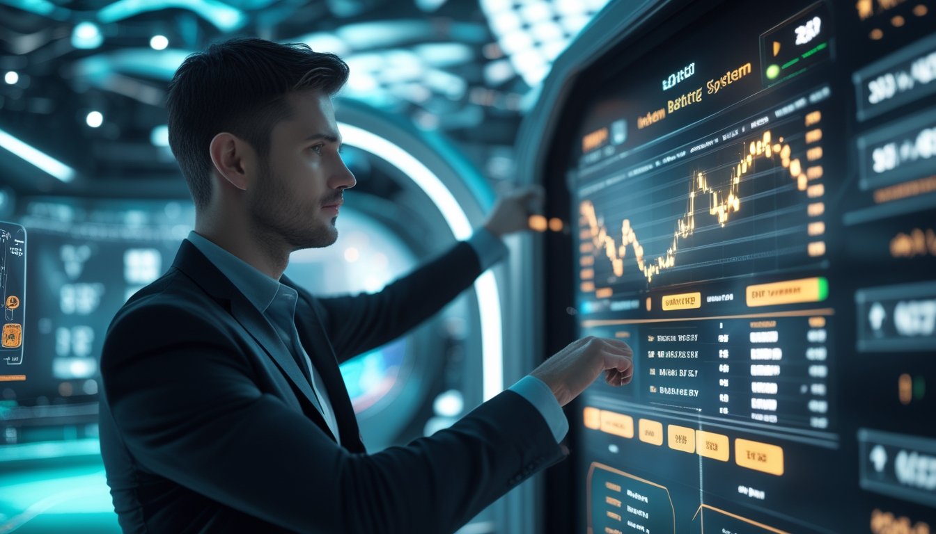 Seorang profesional menggunakan antarmuka digital modern untuk menganalisis data taruhan dalam lingkungan berteknologi tinggi.