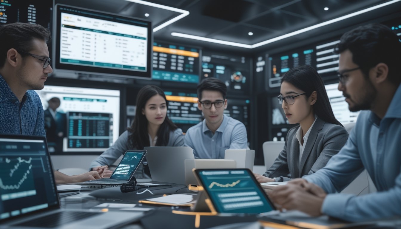 Sekelompok profesional sedang bekerja di ruang modern dengan layar digital yang menampilkan data dan statistik taruhan.