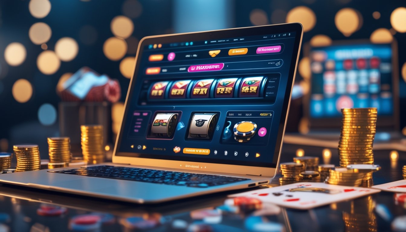 Seorang pengguna sedang bermain judi online dengan laptop yang menampilkan permainan kasino, dikelilingi oleh chip poker dan koin emas.