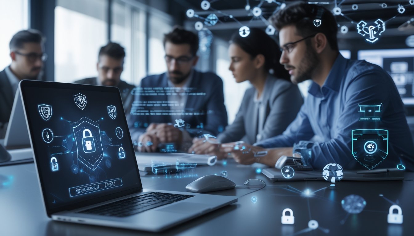 Beberapa profesional bekerja bersama di ruang kerja modern dengan laptop yang menampilkan data terenkripsi dan ikon keamanan digital.