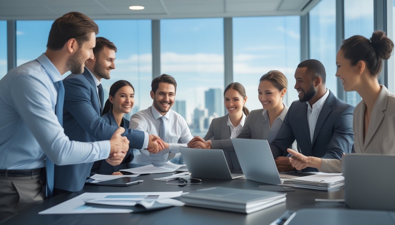 Sekelompok profesional bisnis sedang berdiskusi dengan ekspresi percaya diri di sebuah kantor modern dengan pemandangan kota di latar belakang.