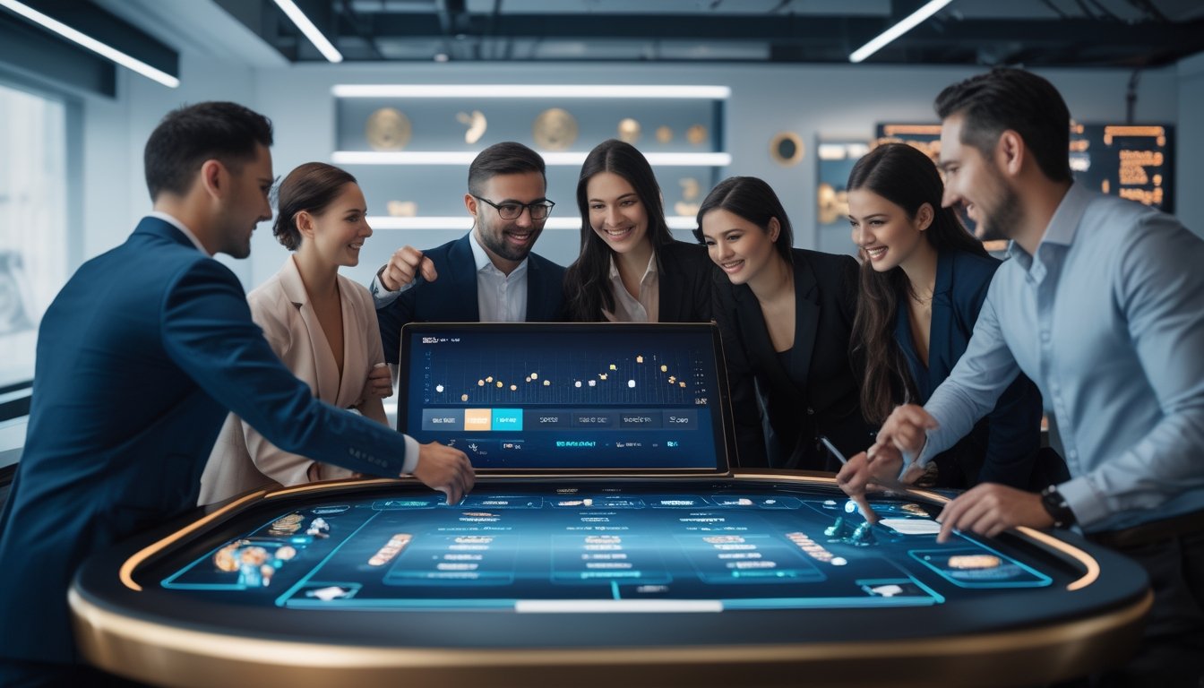 Sekelompok orang sedang berdiskusi dan menunjuk layar sentuh dengan grafik peluang menang dan bonus di sebuah ruangan kantor modern.