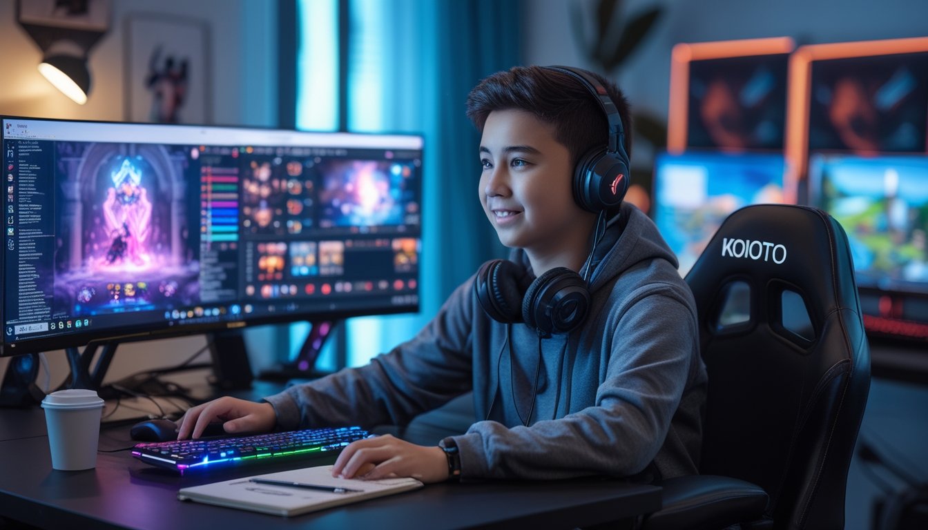 Seorang pemain pemula yang percaya diri duduk di depan komputer gaming dengan beberapa monitor, mengenakan headset, di ruangan yang rapi dan terang dengan lampu warna-warni.