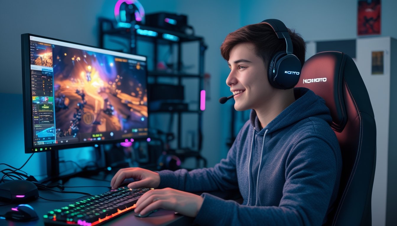 Seorang pemain muda sedang fokus bermain video game KOITOTO di depan komputer dengan perlengkapan gaming di ruangan yang rapi dan berdekorasi sederhana.