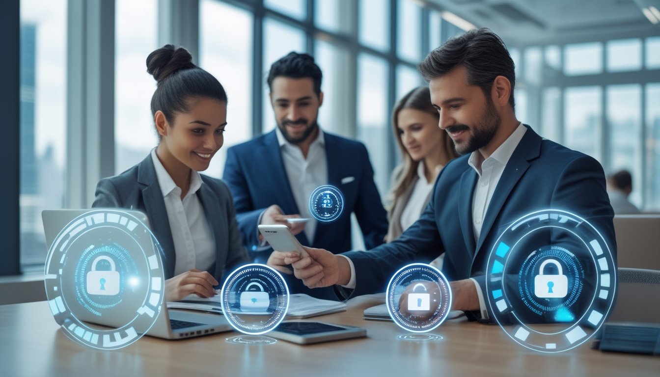 Sekelompok profesional bisnis sedang melakukan transaksi keuangan dengan perangkat digital di kantor modern.