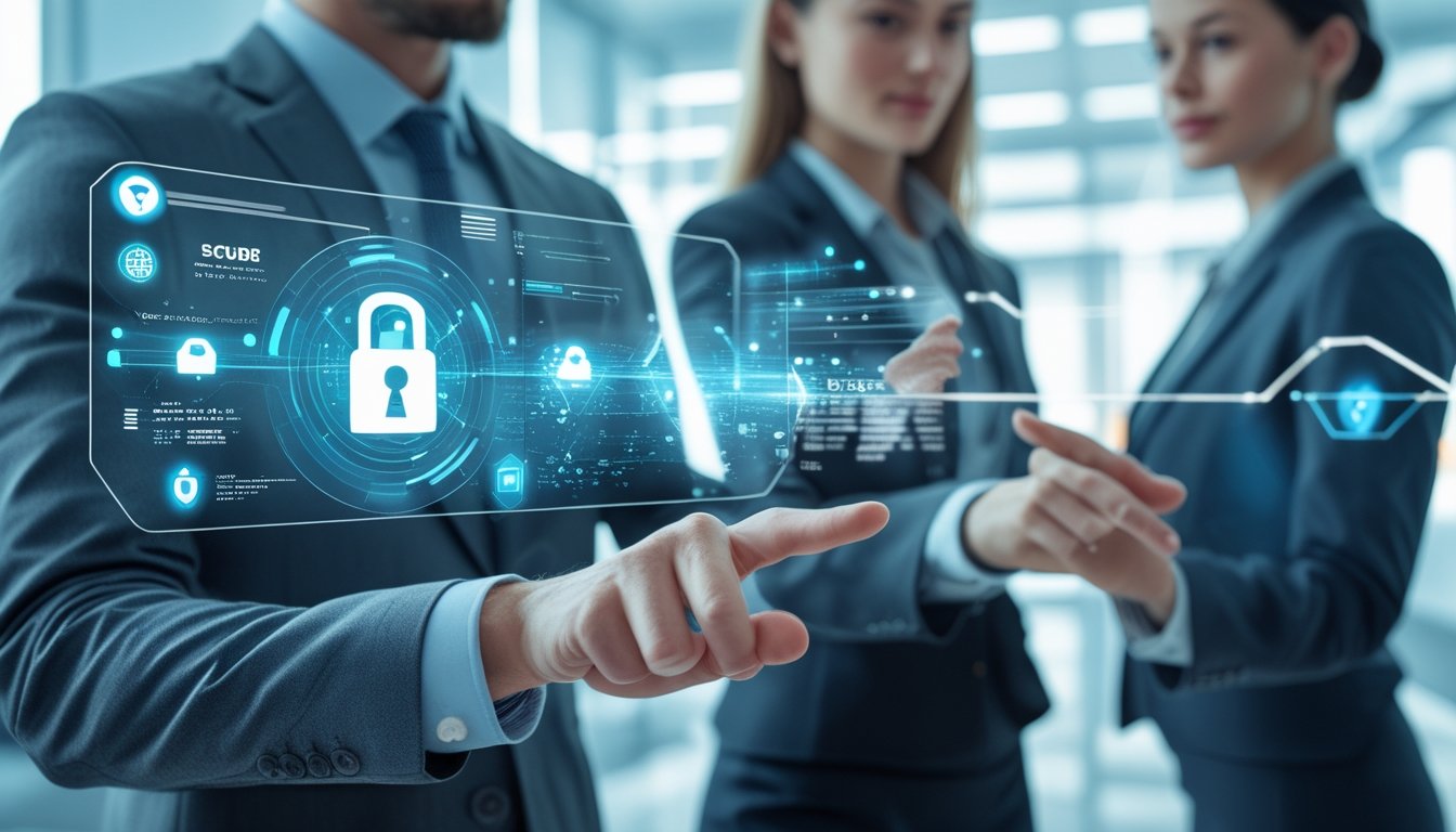 Sekelompok profesional bisnis menggunakan layar sentuh digital di kantor modern untuk melakukan transaksi cepat dan aman.