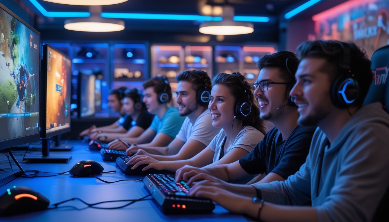 Sekelompok pemain game yang antusias sedang bermain video game bersama di ruangan gaming modern dengan pencahayaan cerah dan peralatan lengkap.