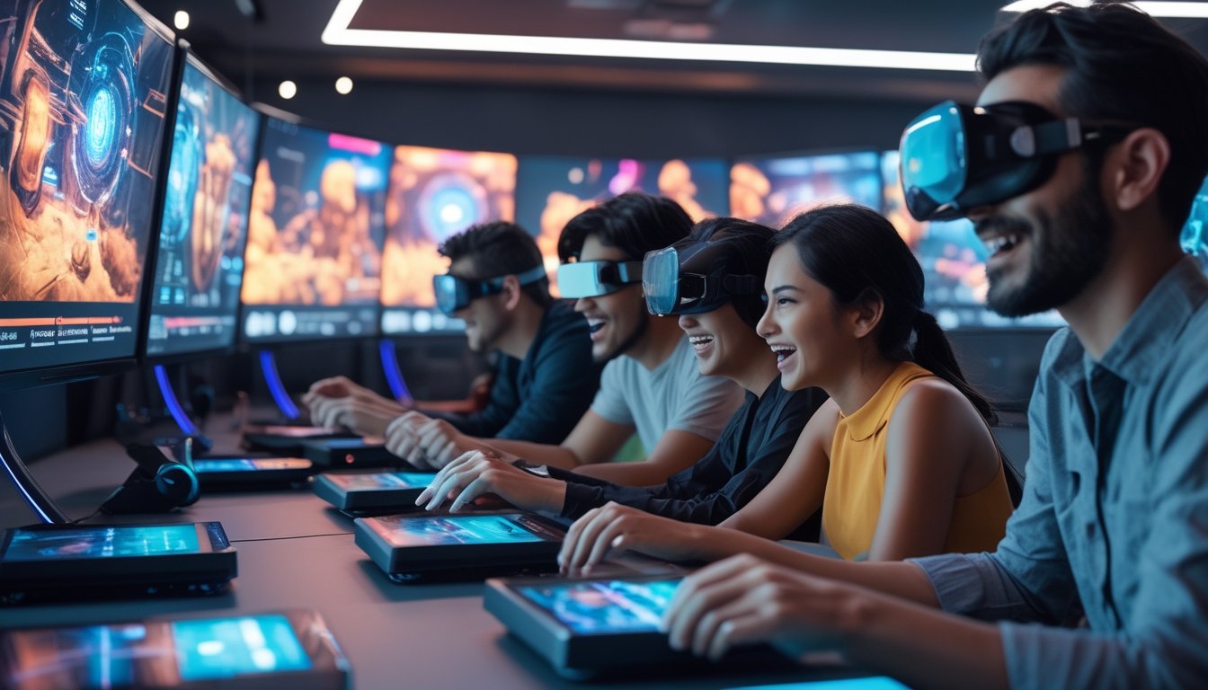 Beberapa orang bermain game dengan antusias menggunakan perangkat teknologi canggih di sebuah ruangan modern.