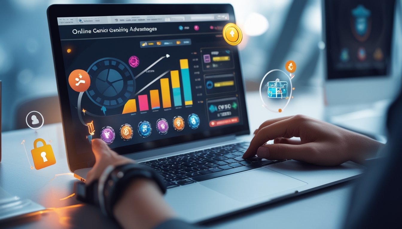 Seorang pengguna sedang menggunakan laptop dengan tampilan permainan kasino online di meja kerja modern.