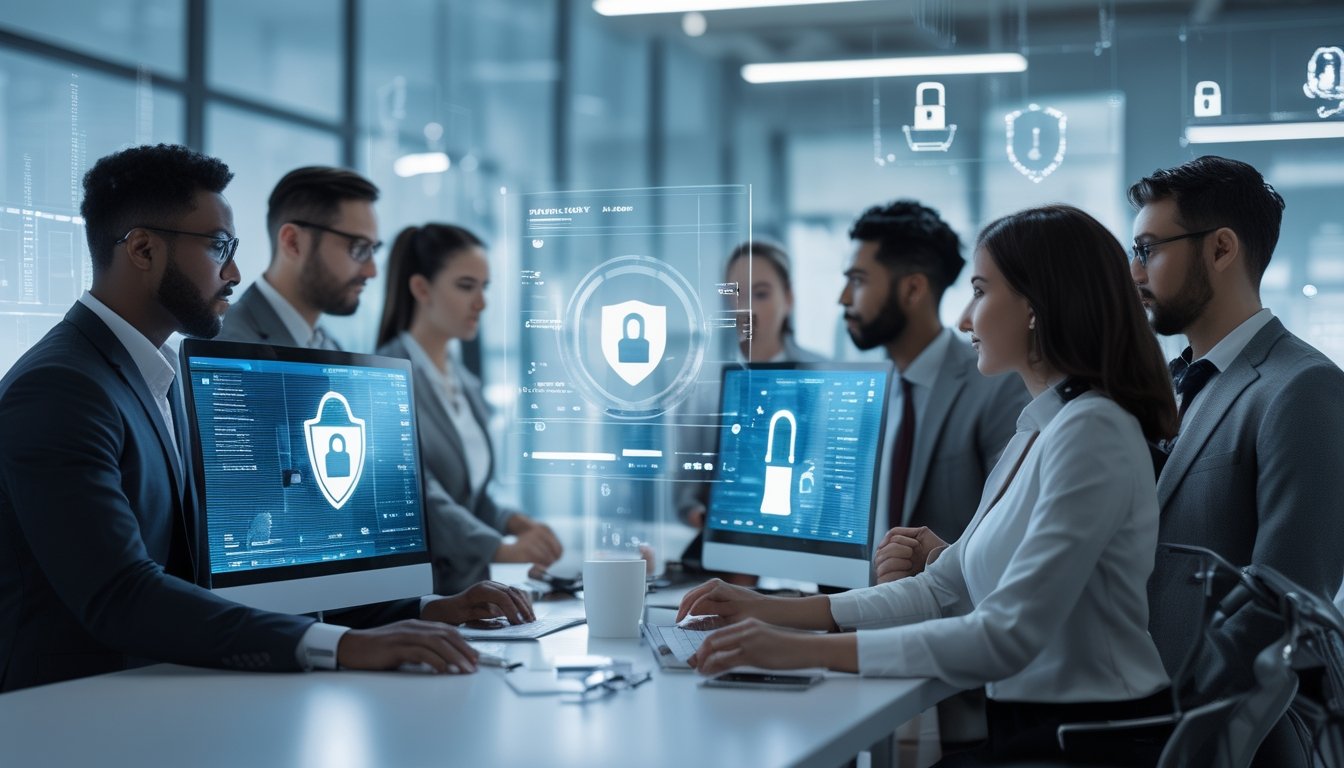 Sekelompok profesional bekerja bersama di kantor modern dengan layar digital yang menampilkan ikon keamanan dan data teknologi canggih.