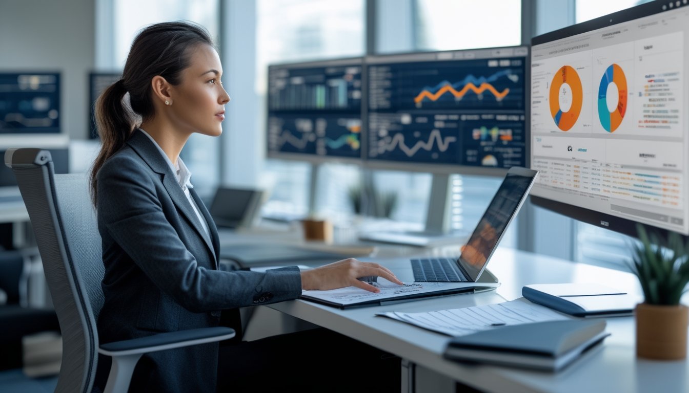 Seorang wanita profesional sedang menganalisis data dan merencanakan strategi di kantor modern dengan layar digital dan dokumen bisnis di sekitarnya.