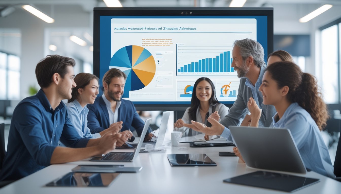 Sekelompok orang sedang berdiskusi di ruang kantor modern dengan layar sentuh digital yang menampilkan grafik dan data.