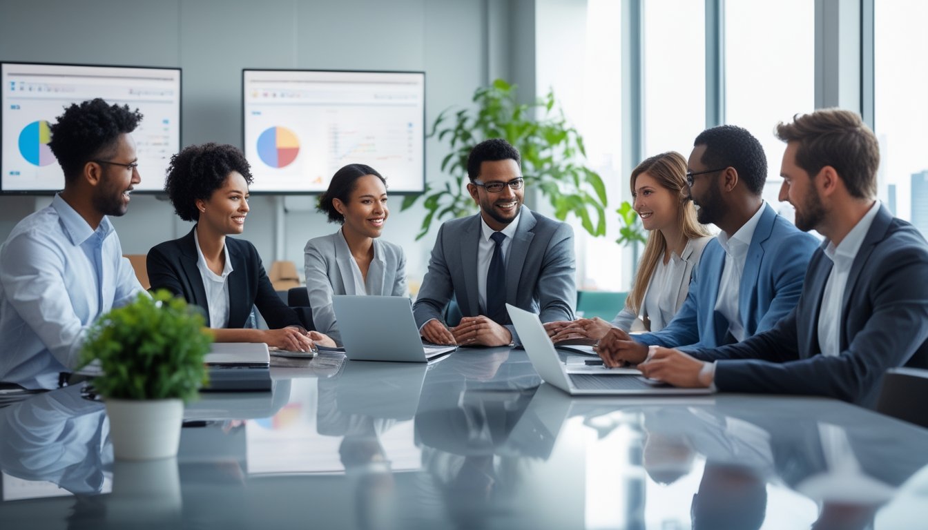 Sekelompok profesional bisnis sedang berdiskusi di ruang kantor modern dengan perangkat digital di meja.