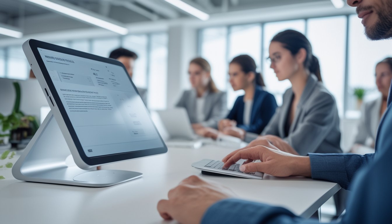 Orang-orang bekerja sama di kantor modern menggunakan perangkat teknologi yang mudah digunakan.