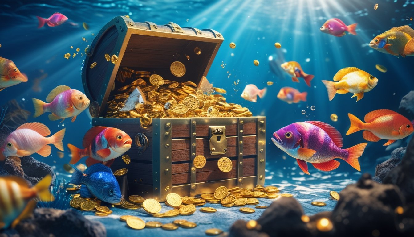Pemandangan bawah laut dengan ikan berwarna-warni berenang di sekitar peti harta karun yang penuh dengan koin emas dan permata.